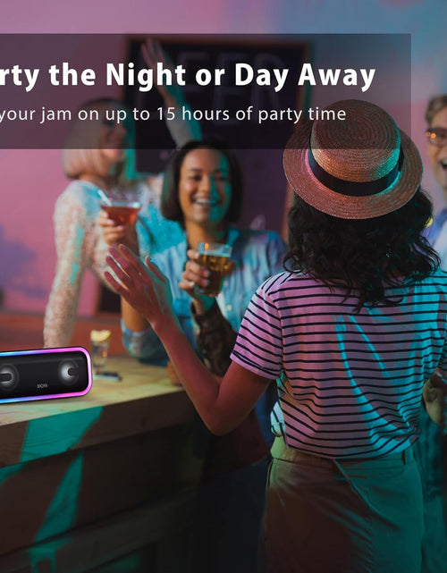 Load image into Gallery viewer, Bluetooth Speaker,  Soundbox Pro+ Wireless Pairing Speaker with 24W Stereo Sound, Punchy Bass, IPX6 Waterproof, 15Hrs Playtime, Multi-Colors Lights, for Home,Outdoor-Black
