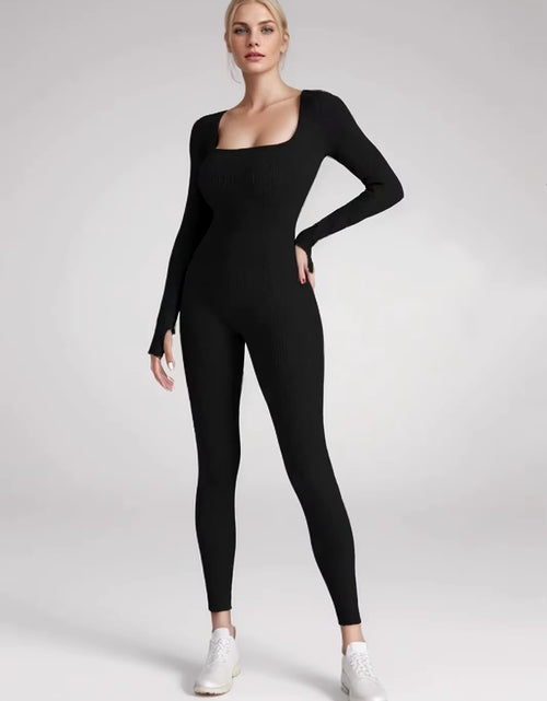 Load image into Gallery viewer, New Threaded Fabric High Quality Women Jumpsuits Long Sleeve Shapewear Hip Lift Yoga Exercise One Piece Jumpsuit with Long Pants
