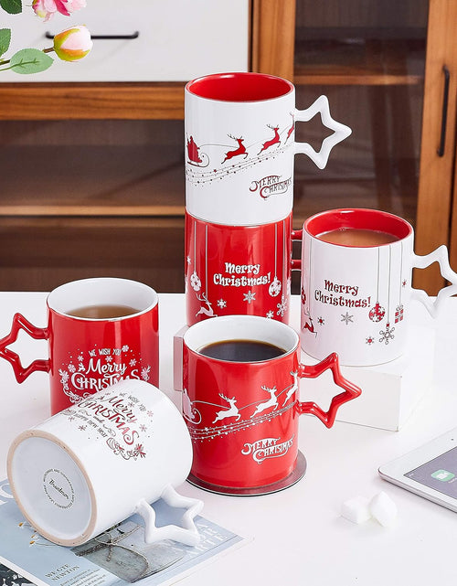 Load image into Gallery viewer, Red &amp; White Christmas Coffee Mugs with Star Handle Set of 6 | Large-Sized Christmas Mugs 14 Ounce New Year Holidays Novelty Christmas Cups - Decorative DIY Christmas Cute Mugs for Hot or Cold
